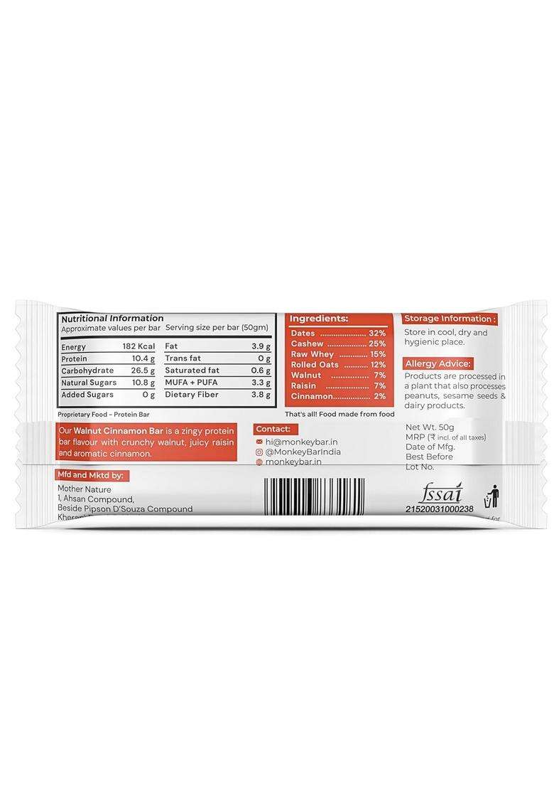 Monkey Bar - Walnut Cinnamon Protein 8 Bars, 50G Each, 10G Protein, High Snack For Healthy Snacking With No Added Sugar, Just 7 Natural Ingredients - Indya