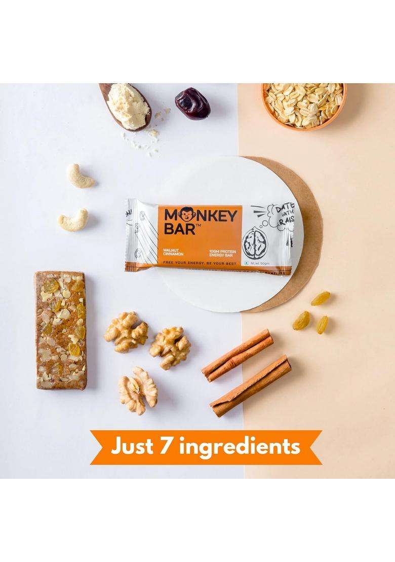 Monkey Bar - Walnut Cinnamon Protein 8 Bars, 50G Each, 10G Protein, High Snack For Healthy Snacking With No Added Sugar, Just 7 Natural Ingredients - Indya