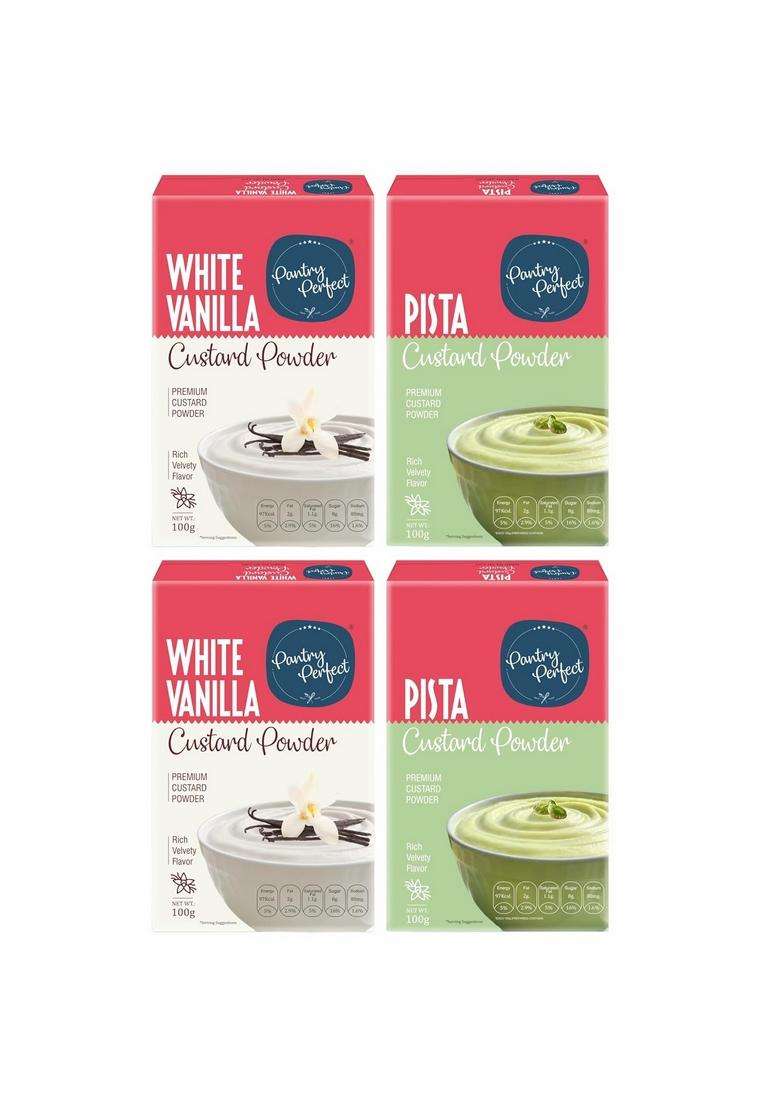 Pantry Perfect White Vanilla & Pista Custard Powder - Pack Of 4 (Each 100G) I Makes Smooth Creamy Ready To Mix Use For Desserts, Pudding, Fruit Salad - Indya