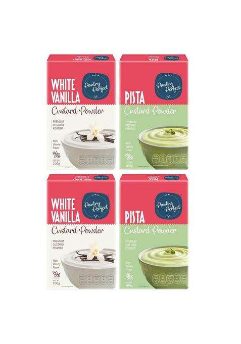 Pantry Perfect White Vanilla & Pista Custard Powder - Pack Of 4 (Each 100G) I Makes Smooth Creamy Ready To Mix Use For Desserts, Pudding, Fruit Salad