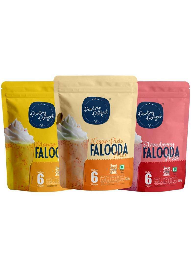 Pantry Perfect Mango, Kesar Pista, & Strawberry Falooda Mix - Pack Of 3 (Each 200G) I Premium Instant | Rich, Smooth Creamy Texture Delicious Refreshing Taste Ready To Eat - Indya