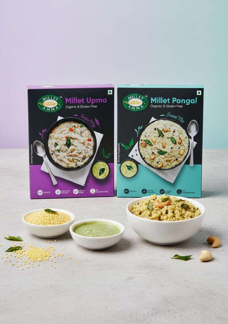 Millet Amma Certified Organic Breakfast Rava Upma - 250 Gm And Pongal Mix Gm, Combo Pack 500 Easy & Ready To Cook, Instant Mix, 100% Vegan - Indya