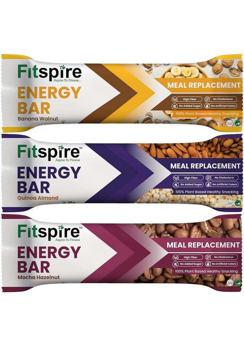 Fitspire Energy Bar Pack (3 X 35G) Quinoa Almond, Mocha Hazelnut & Banana Walnut | Crunchy Granola With Oats, Nuts, Seeds Flakes High Protein Fibre 100% Plant-Based - Indya