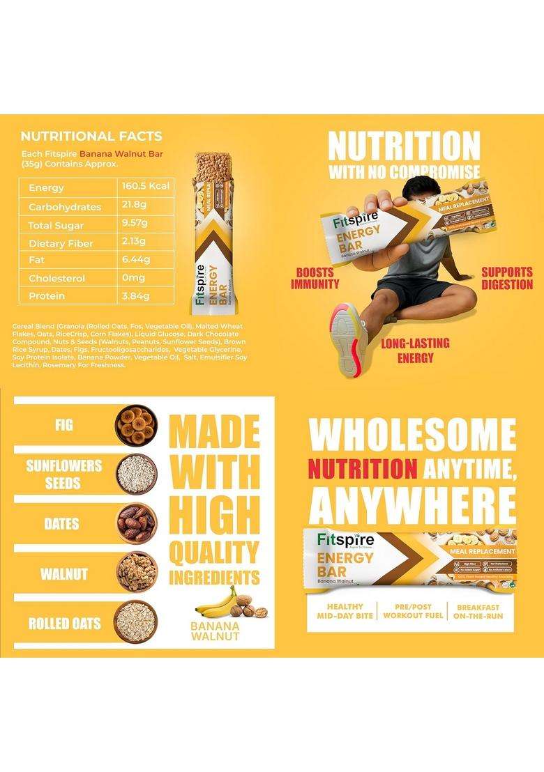 Fitspire Energy Bar Pack (3 X 35G) Quinoa Almond, Mocha Hazelnut & Banana Walnut | Crunchy Granola With Oats, Nuts, Seeds Flakes High Protein Fibre 100% Plant-Based - Indya