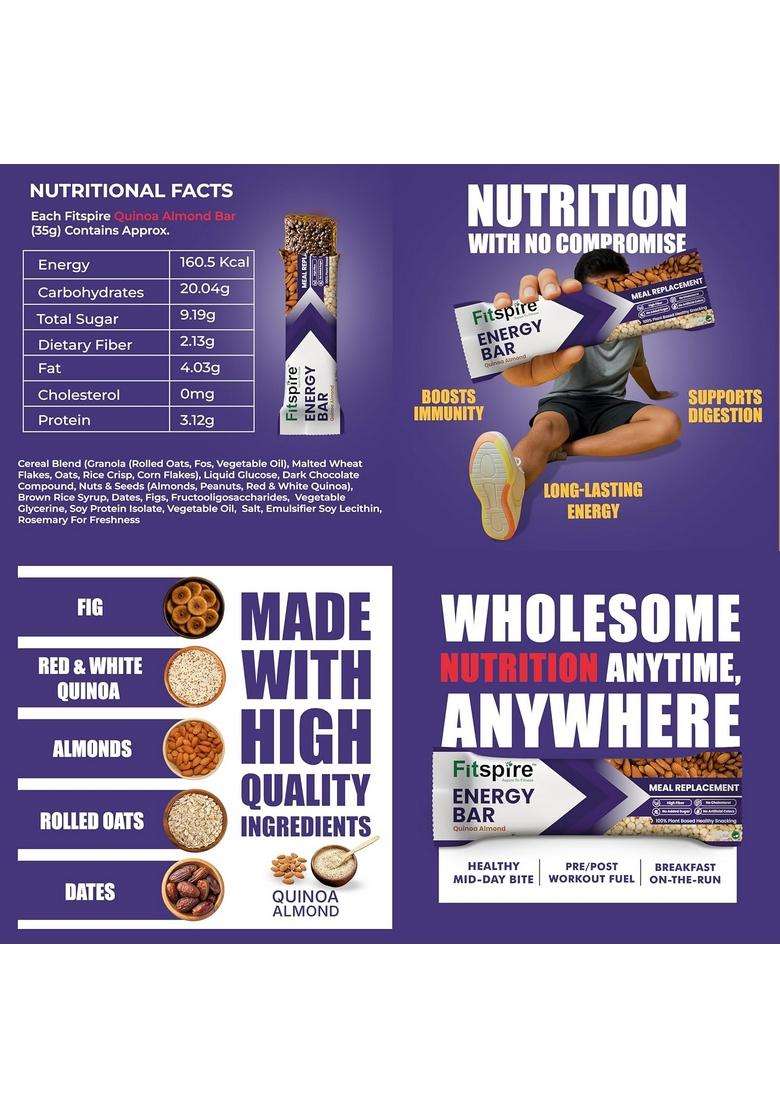 Fitspire Energy Bar Pack (3 X 35G) Quinoa Almond, Mocha Hazelnut & Banana Walnut | Crunchy Granola With Oats, Nuts, Seeds Flakes High Protein Fibre 100% Plant-Based - Indya