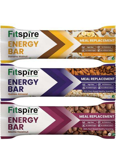 Fitspire Energy Bar Pack (3 X 35G) Quinoa Almond, Mocha Hazelnut & Banana Walnut | Crunchy Granola With Oats, Nuts, Seeds Flakes High Protein Fibre 100% Plant-Based