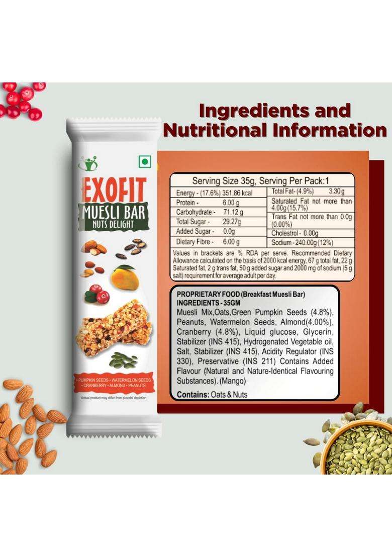 Exofit Muesli Bar L Nuts Delight 210G Box, Pack Of 6 Bars (35G X 6) High Energy & Nutrition | 6G Protein Fiber - Indya