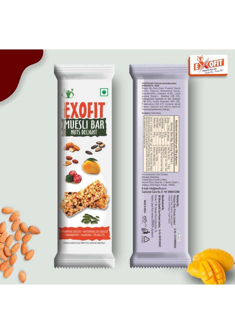 Exofit Muesli Bar L Nuts Delight 210G Box, Pack Of 6 Bars (35G X 6) High Energy & Nutrition | 6G Protein Fiber - Indya