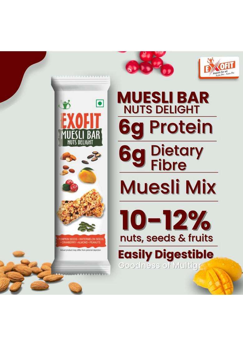 Exofit Muesli Bar L Nuts Delight 210G Box, Pack Of 6 Bars (35G X 6) High Energy & Nutrition | 6G Protein Fiber - Indya
