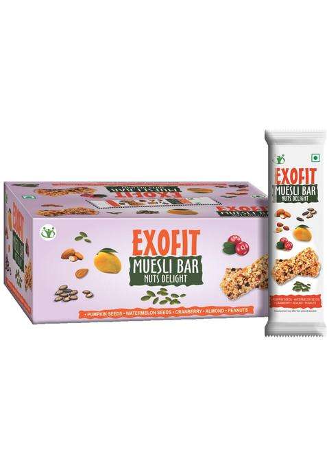 Exofit Muesli Bar L Nuts Delight 210G Box, Pack Of 6 Bars (35G X 6) High Energy & Nutrition | 6G Protein Fiber