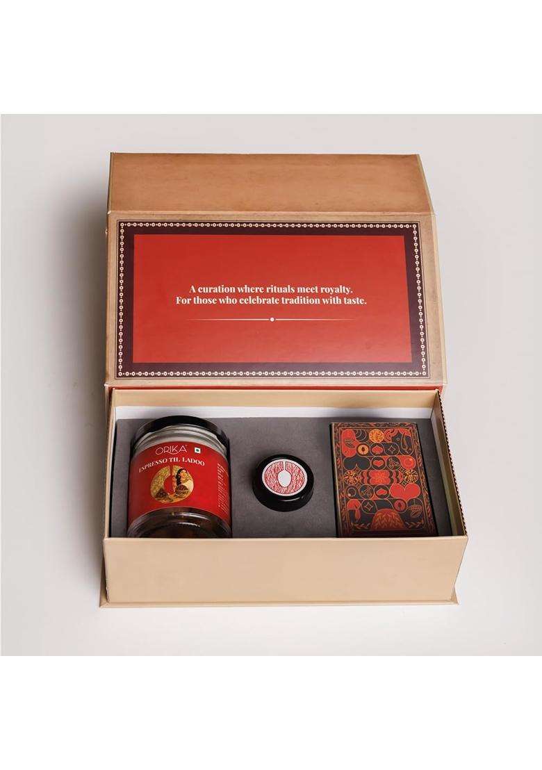 Orika Royal Celebration Gift Box | Luxury Indian Hamper With Kashmiri Pampore Saffron 0.25G, Espresso Till Laddoo 70G & Premium Playing Card Deck Festive, Diwali Wedding - Indya