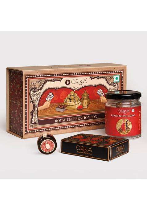 Orika Royal Celebration Gift Box | Luxury Indian Hamper With Kashmiri Pampore Saffron 0.25G, Espresso Till Laddoo 70G & Premium Playing Card Deck Festive, Diwali Wedding