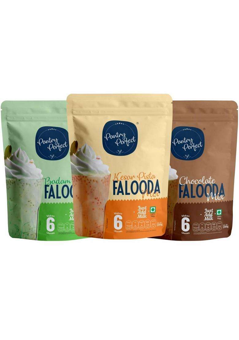 Pantry Perfect Badam Pista, Kesar Pista & Chocolate Falooda Mix - Pack Of 3 (Each 200G) I Premium Instant | Rich, Smooth Creamy Texture Delicious Refreshing Taste Ready To Eat - Indya