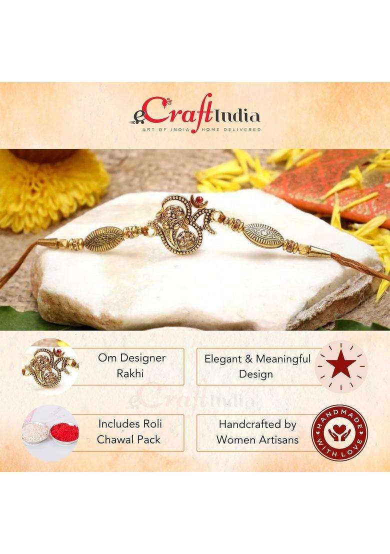 Ecraftindia Golden Lord Ganesha Om Designer Rakhi For Brother With Chocolate, Zuzy Almond Chocolate Box, Gift - Roli Chawal Pack, Raksha Bandhan Greeting Card - Indya