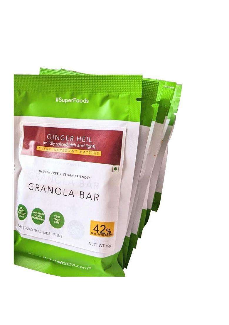 Thenibblebox Ginger Heil Fruit And Nut Breakfast Granola Bar, 40G [50% Dry Fruits, Gluten Free, Vegan Friendly, No Refined Sugar, Artificial Flavours] (Pack Of 8) - Indya
