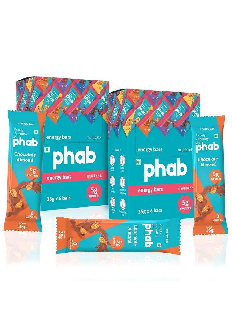 Phab Chocolate Almond 5G Protein Bar| Energy & Nutrition | High Fibre Gut-Friendly Sweetened With Honey,Trans Fat Free No Preservatives Loaded 21% Nuts Healthy Tasty(Pack Of 12 X 35G) - Indya