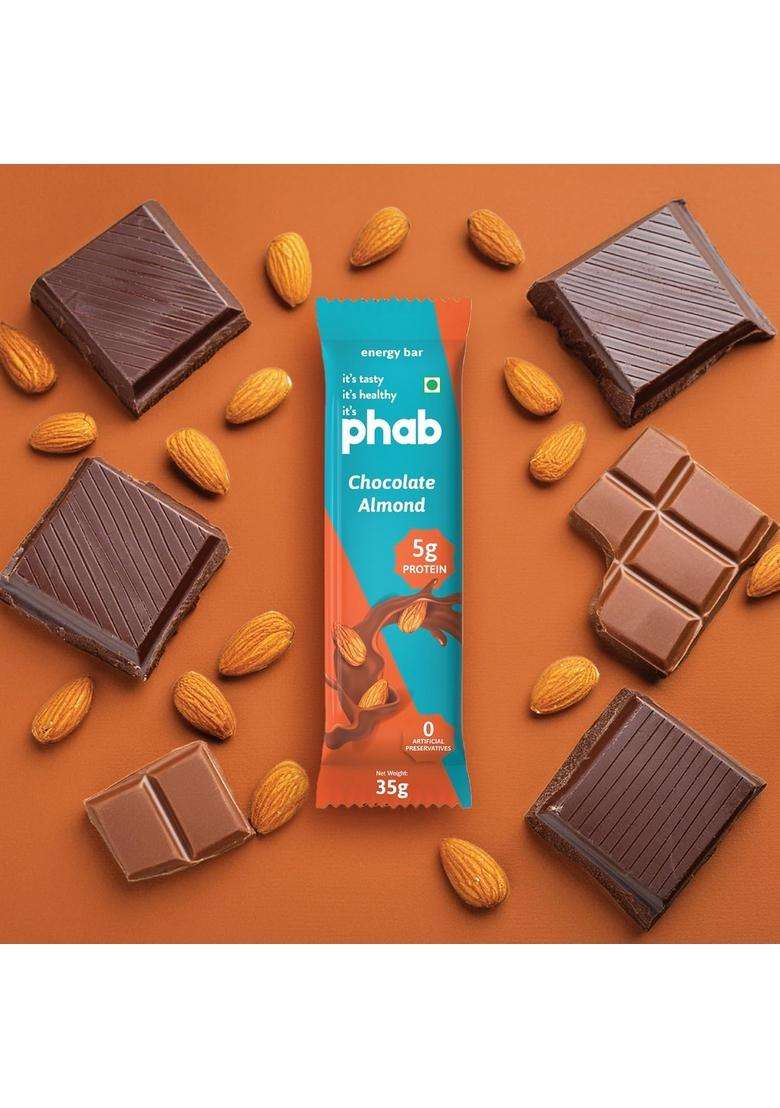 Phab Chocolate Almond 5G Protein Bar| Energy & Nutrition | High Fibre Gut-Friendly Sweetened With Honey,Trans Fat Free No Preservatives Loaded 21% Nuts Healthy Tasty(Pack Of 12 X 35G) - Indya
