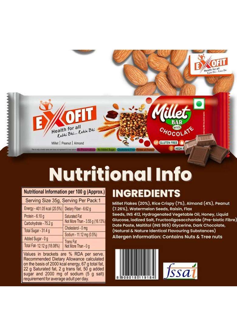 Exofit Millet Bar With Chocolate, 27% Millets, 6.10% Protein, No Added Sugar, Preservatives (Pack Of 6 Bars, 35G X 6) 210G, Gluten Free - Indya