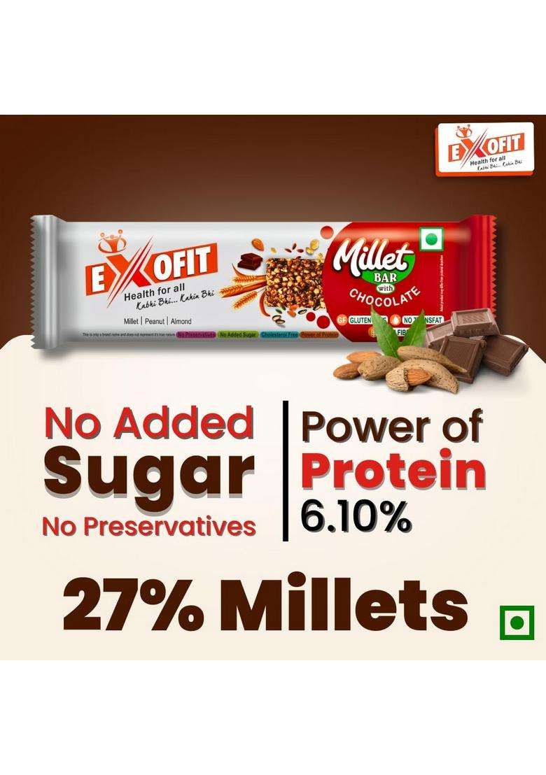 Exofit Millet Bar With Chocolate, 27% Millets, 6.10% Protein, No Added Sugar, Preservatives (Pack Of 6 Bars, 35G X 6) 210G, Gluten Free - Indya