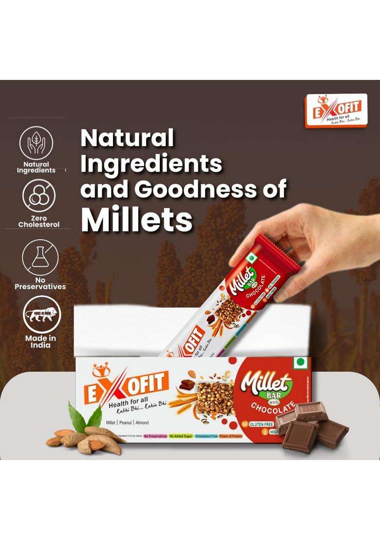 Exofit Millet Bar With Chocolate, 27% Millets, 6.10% Protein, No Added Sugar, Preservatives (Pack Of 6 Bars, 35G X 6) 210G, Gluten Free - Indya