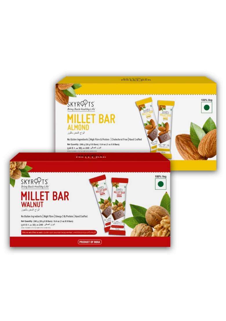 Skyroots Healthy Millet Snacks |Naturally Gluten Free& High Fiber | Energy Bites Soure Of Protein & Breakfast Bar |480 G (240 Each) X 16 Bars - Indya
