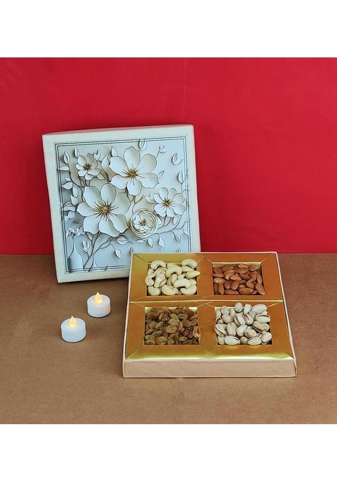 Sfu E Com Dry Fruit Gift Box | Assorted Dryfruits Hamper Pack With Almonds, Pistachio, Cashew Nuts, Raisins & 2 Pieces Led Diya Premium Gifting Collection For Diwali, New Year 066