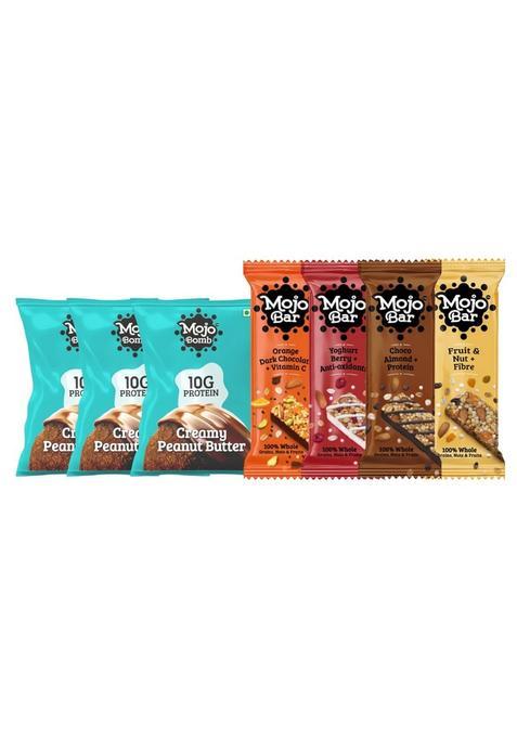 Mojo Bar Assorted Combo - 8 Energy Bars (Choco Almond, Yoghurt Berry, Fruit & Nut And Orange Dark Chocolate) 5 Peanut Butter Protein Bombs, 456 Grams