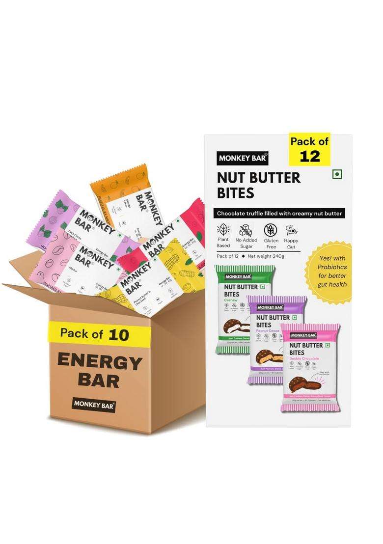 Monkey Bar - Vegan Snack Combo Energy Bars + Nut Butter Bites | 10 Bars, 12 Chocolate Truffle, 100% Plant Based, Healthy & Clean Protein Snack, Zero Added Sugar - Indya