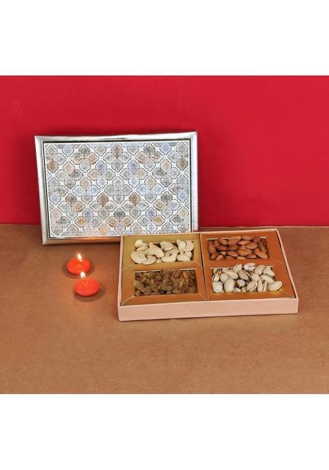 Sfu E Com Dry Fruit Gift Box | Assorted Dryfruits Hamper Pack With Almonds, Pistachio, Cashew Nuts, Raisins & 2 Pieces Red Candle Premium Gifting Collection For Diwali, New Year 052