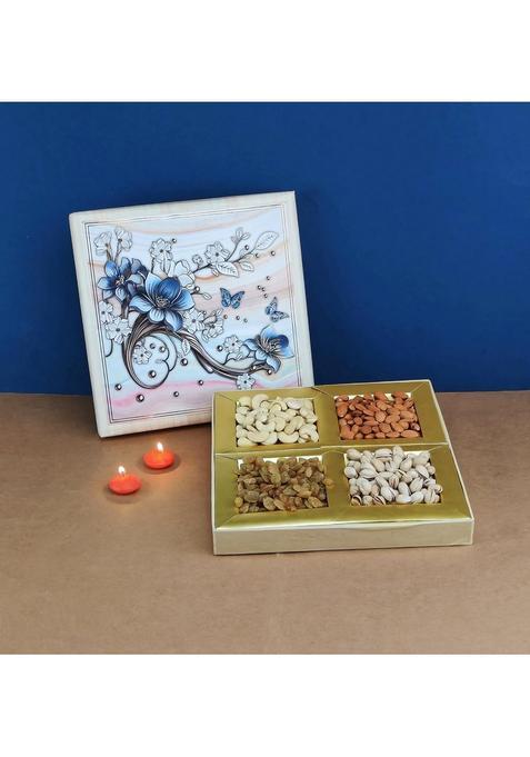 Sfu E Com Dry Fruit Gift Box | Assorted Dryfruits Hamper Pack With Almonds, Pistachio, Cashew Nuts, Raisins & 2 Pieces Red Candle Premium Gifting Collection For Diwali, New Year 086