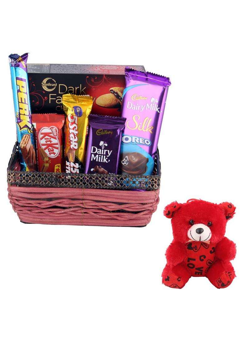 Sfu E Com Creamy Dairy Milk Silk With Designer Basket Hamper | Valentine Teddy Bear Chocolate Combo 723 - Indya