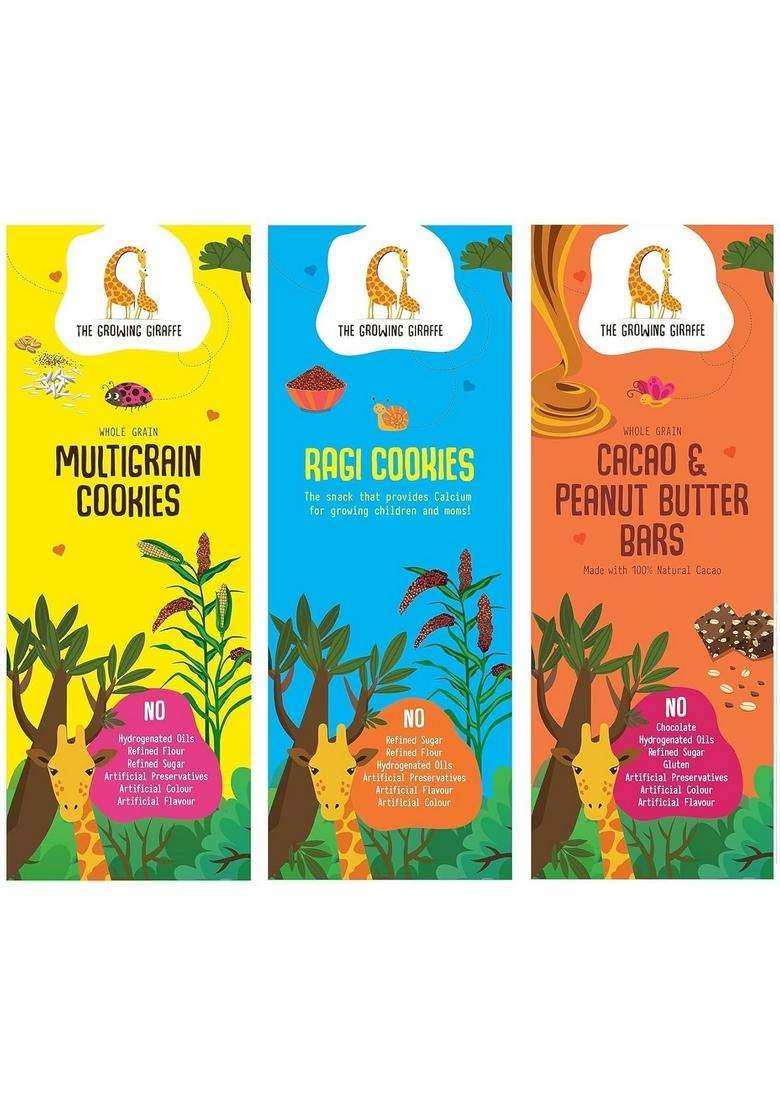 The Growing Giraffe Healthy Snack Combo | Natural & Nutritious Treats For Kids Adults Ragi Cookies, Multigrain Cookies Cocoa Peanut Butter Bars No Artificial Flavours Or Colours 160G Each (Pack Of 3, 480G) - Indya