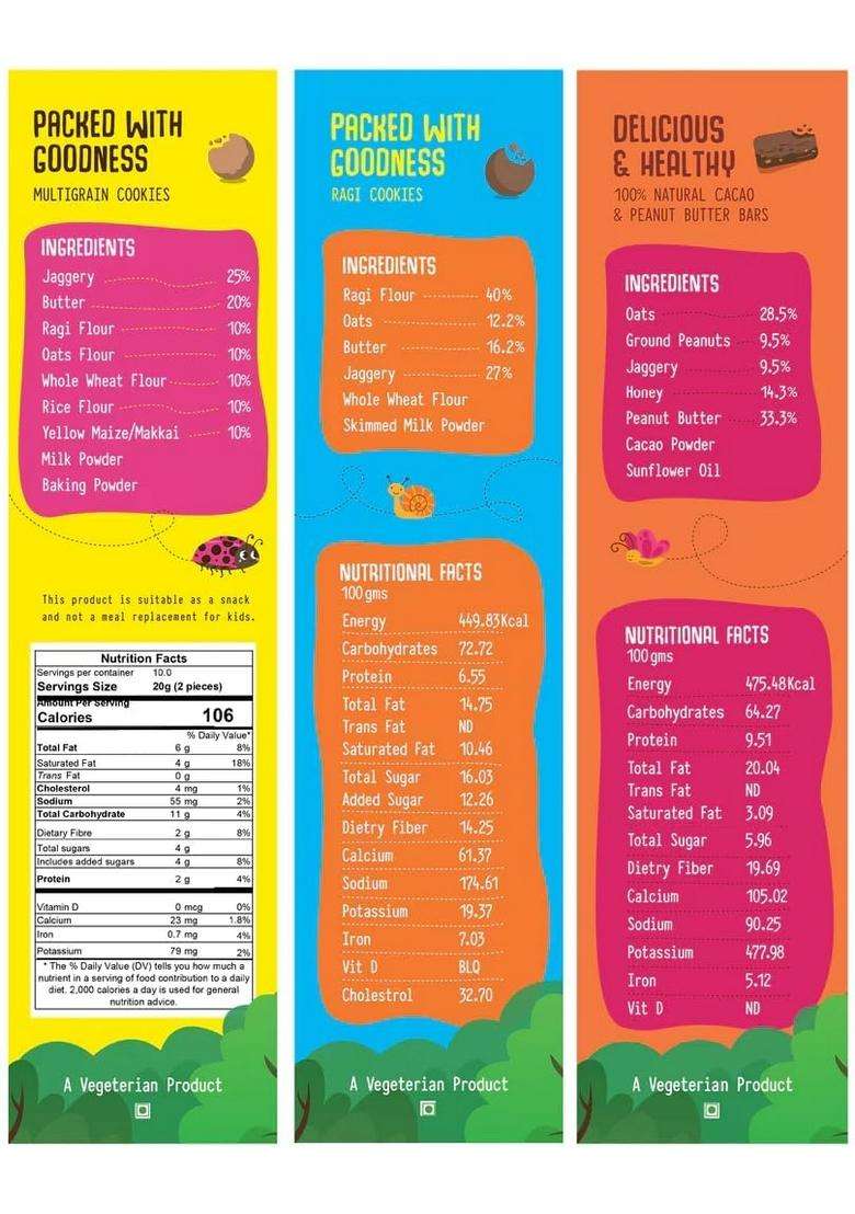 The Growing Giraffe Healthy Snack Combo | Natural & Nutritious Treats For Kids Adults Ragi Cookies, Multigrain Cookies Cocoa Peanut Butter Bars No Artificial Flavours Or Colours 160G Each (Pack Of 3, 480G) - Indya