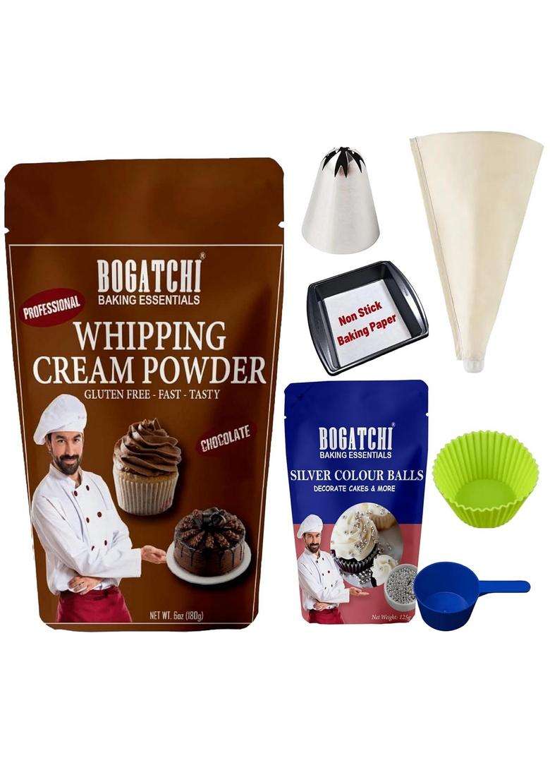 Bogatchi Chocolate Whipping Cream Powder & Silver Color Balls Kit | Perfect For Cake Decoration, Desserts Baking 200 Gm - Indya