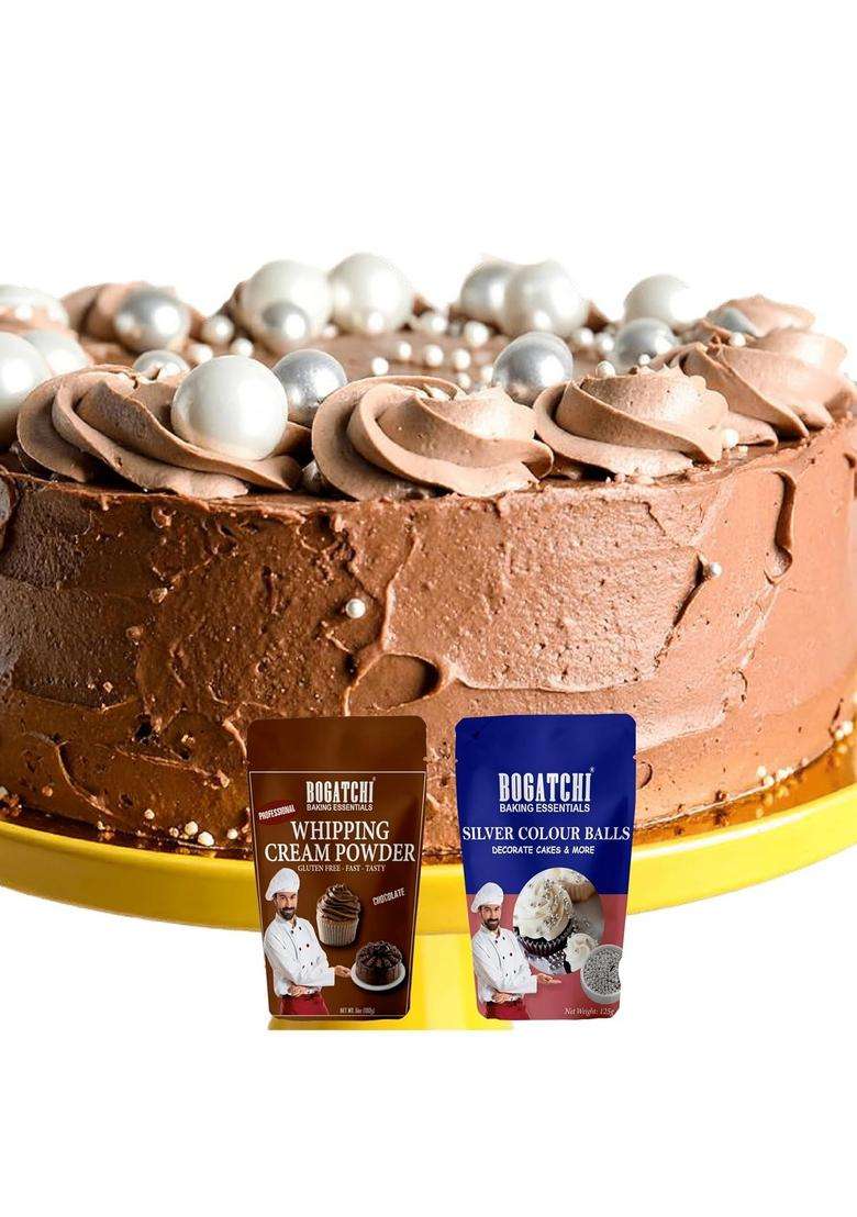 Bogatchi Chocolate Whipping Cream Powder & Silver Color Balls Kit | Perfect For Cake Decoration, Desserts Baking 200 Gm - Indya