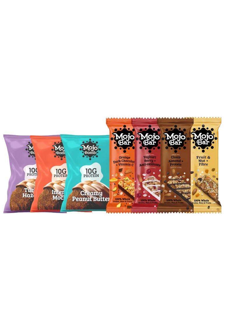 Mojo Bar Assorted Combo - 8 Energy Bars (Choco Almond, Yoghurt Berry, Fruit & Nut And Orange Dark Chocolate) 3 Protein Bombs (Peanut Butter, Hazelnut Mocha Ball), 248 Grams - Indya