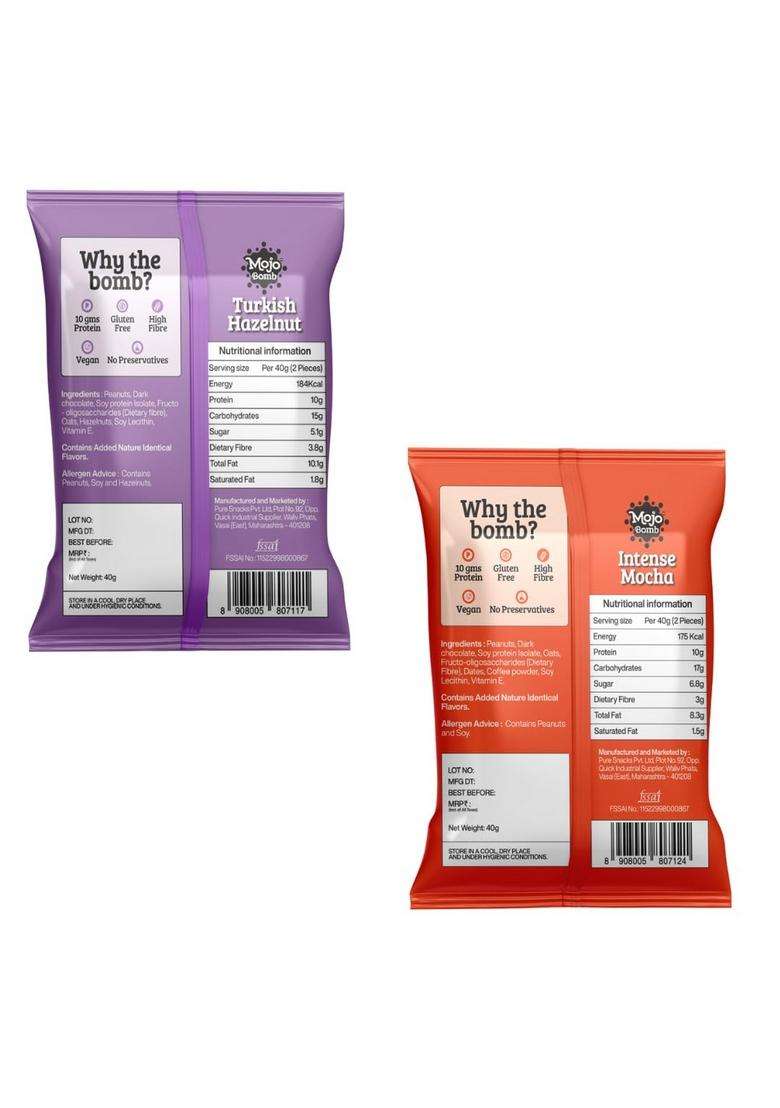 Mojo Bar Assorted Combo - 8 Energy Bars (Choco Almond, Yoghurt Berry, Fruit & Nut And Orange Dark Chocolate) 3 Protein Bombs (Peanut Butter, Hazelnut Mocha Ball), 248 Grams - Indya