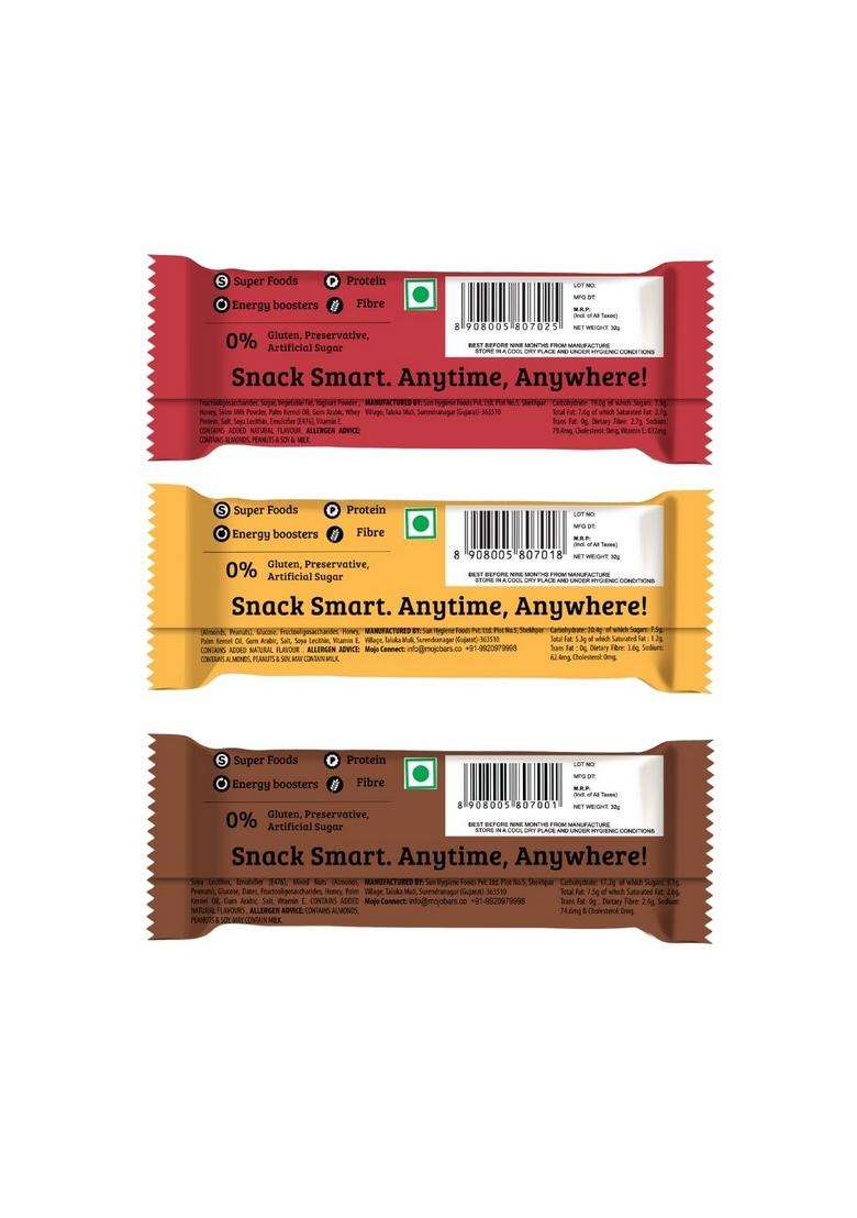 Mojo Bar Assorted Combo - 8 Energy Bars (Choco Almond, Yoghurt Berry, Fruit & Nut And Orange Dark Chocolate) 3 Protein Bombs (Peanut Butter, Hazelnut Mocha Ball), 248 Grams - Indya