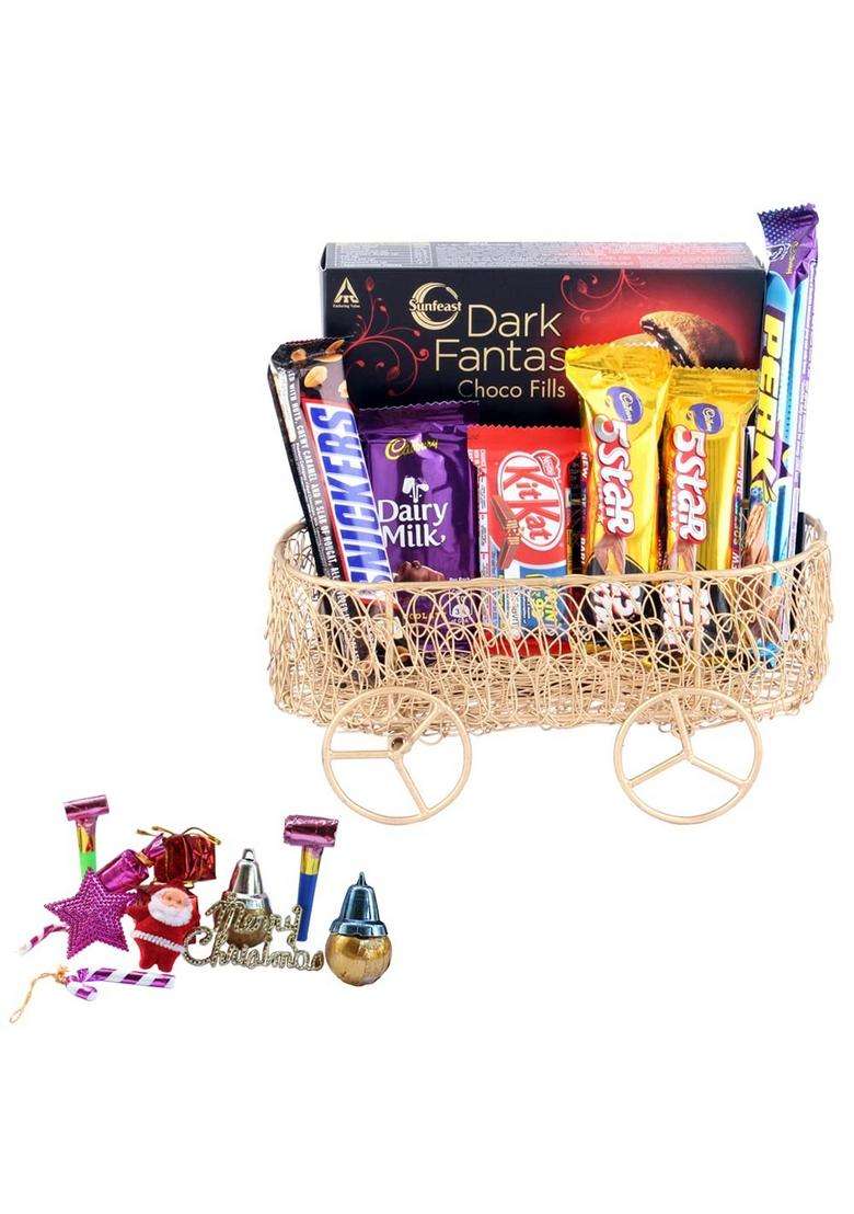 Sfu E Com Chocolates With Antique Handcrafted Metal Cart | Premium Christmas Chocolate Gift Hamper Kit 555 - Indya