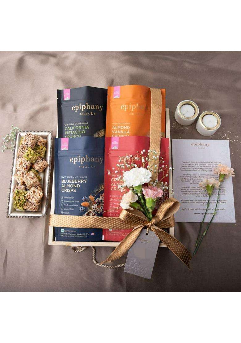 Epiphany Snacks Crushed Dry Fruit Energy Bar Fruits Sugarfree Chikki Festive Hamper Pack Of 4 Snack | Almond Vanilla Crunch, Cranberry Crisps, Blueberry California Pistachio Crunch Healthy Food Each 85 Gram - Indya