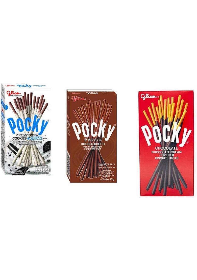 Pocky Pack Of Three | Double Choco, Cookie & Cream , Chocolate Flavour, Imported Cookies Biscuit (3 X 50 G)