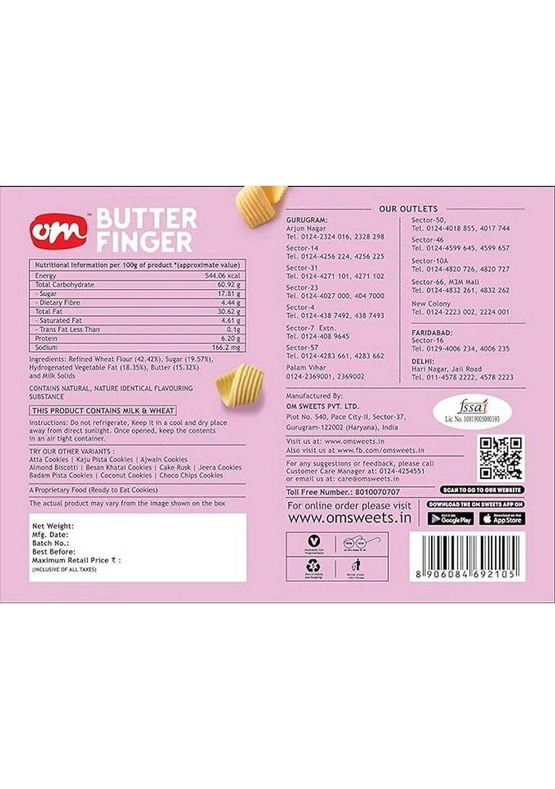 Om Sweets & Snacks Butter Finger Cookies Biscuit | No Preservatives Artificial Flavors (350 G)