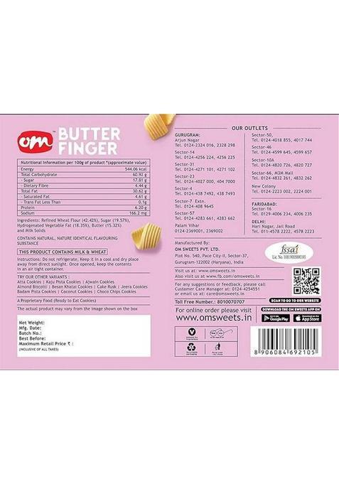 Om Sweets & Snacks Butter Finger Cookies Biscuit | No Preservatives Artificial Flavors (350 G)