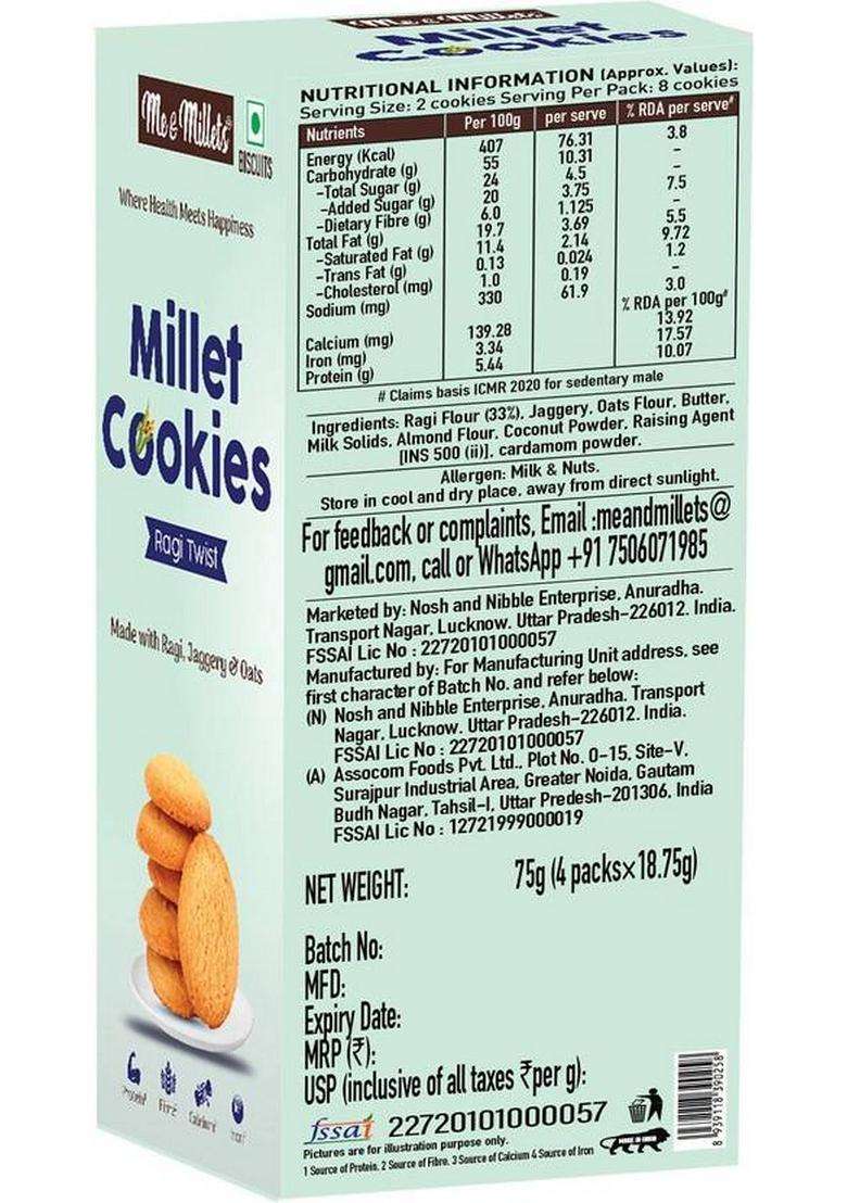 Me & Millets Ragi Twist Delicious Biscuits | Healthy Tea Snack With Tasty Jaggery Cookies Biscuit (3 X 75 G) - Indya