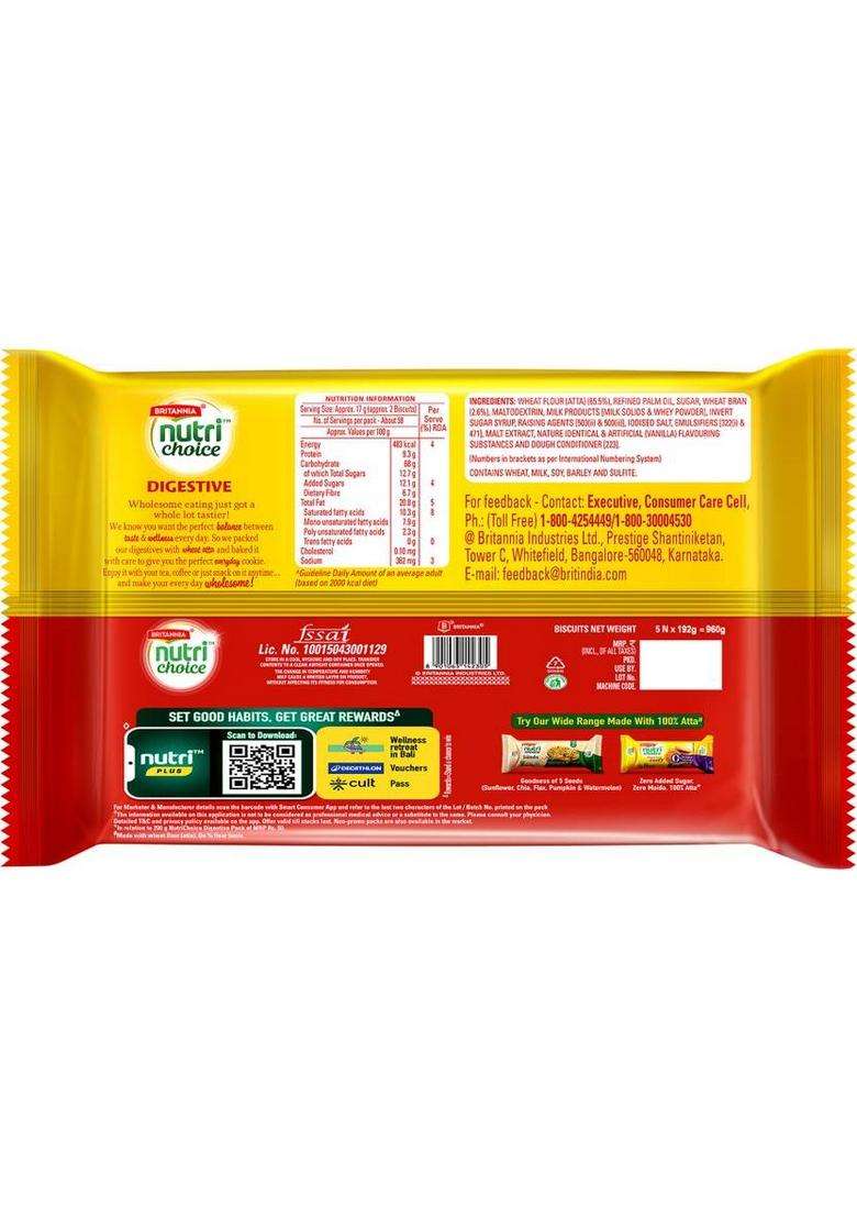 Britannia Nutrichoice Digestive High Fiber Biscuit (5 X 192 G) - Indya