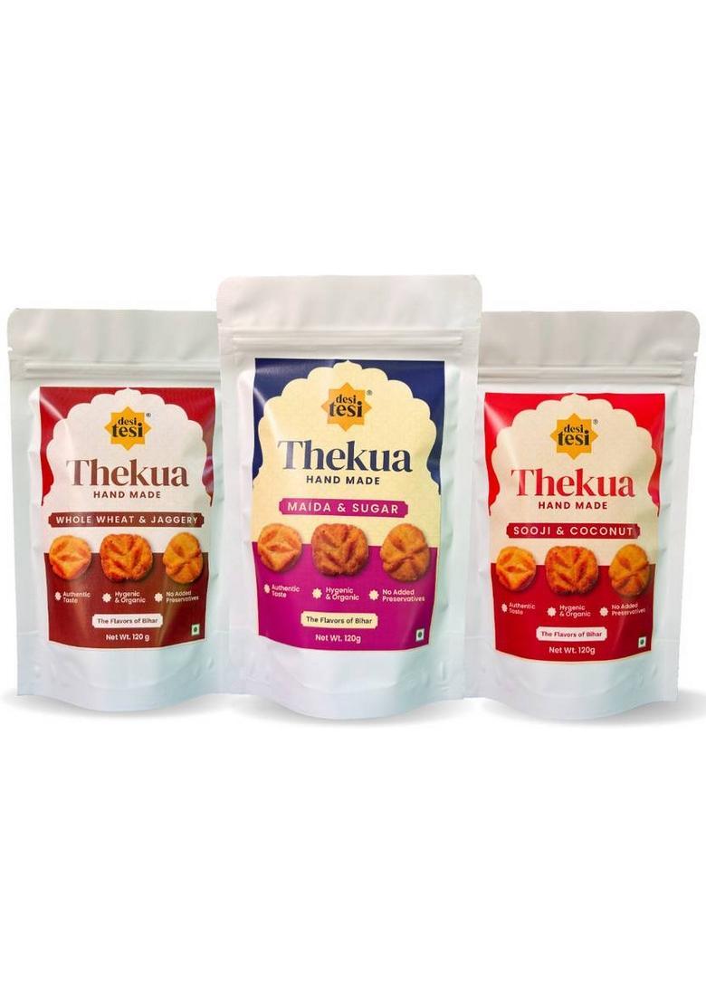 Desi Tesi Traditional Thekua 3-Flavour Pack | Homemade Bihari Sweet Snack Cookies Biscuit (3 X 120 G)