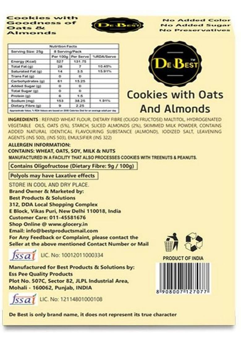 De Best Sugar Free Oats & Almonds Cookies, Premium Handmade, Tasty Crunchy, Eggless Cookies Biscuit (2 X 200 G)