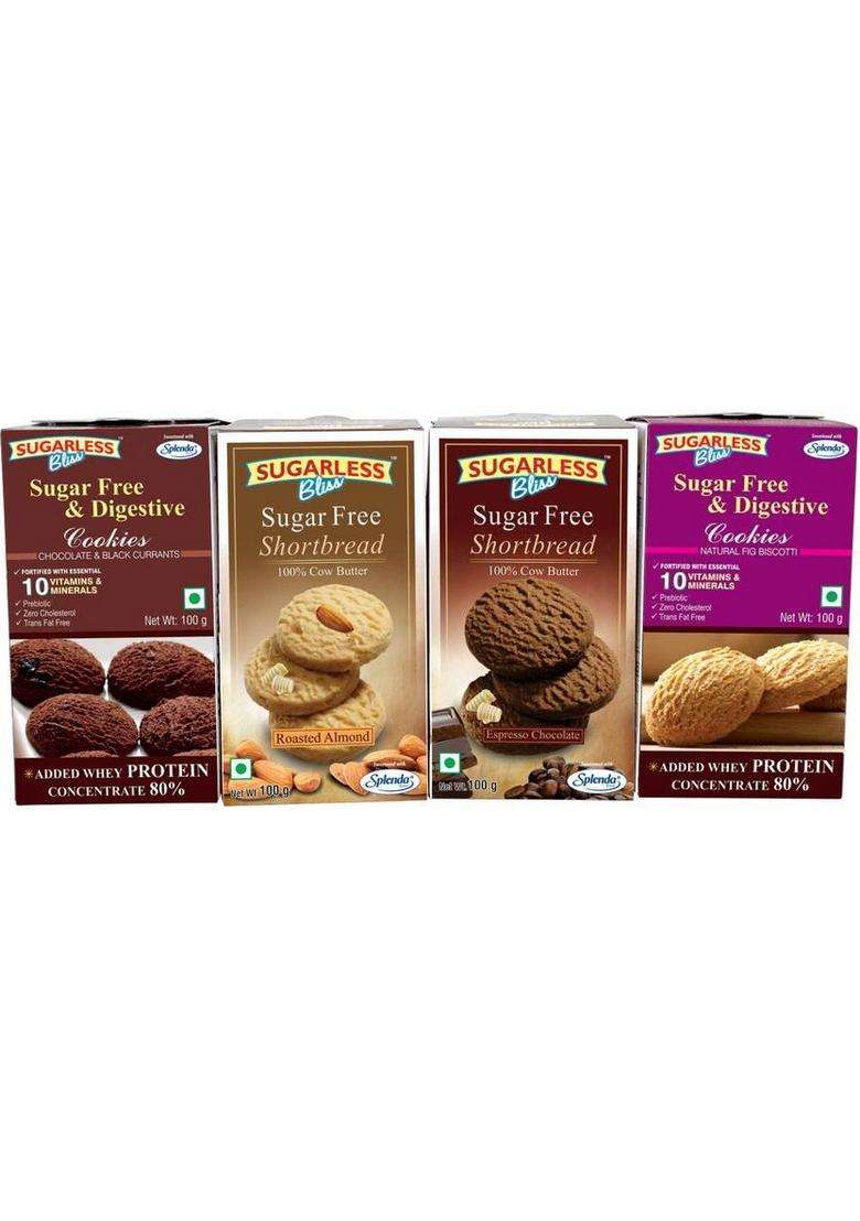Sugarless Bliss Sugar Free &Digestive Cookies And Pure Cow Butter Shortbead -4X100Gm Biscuit (4 X 100 G) - Indya