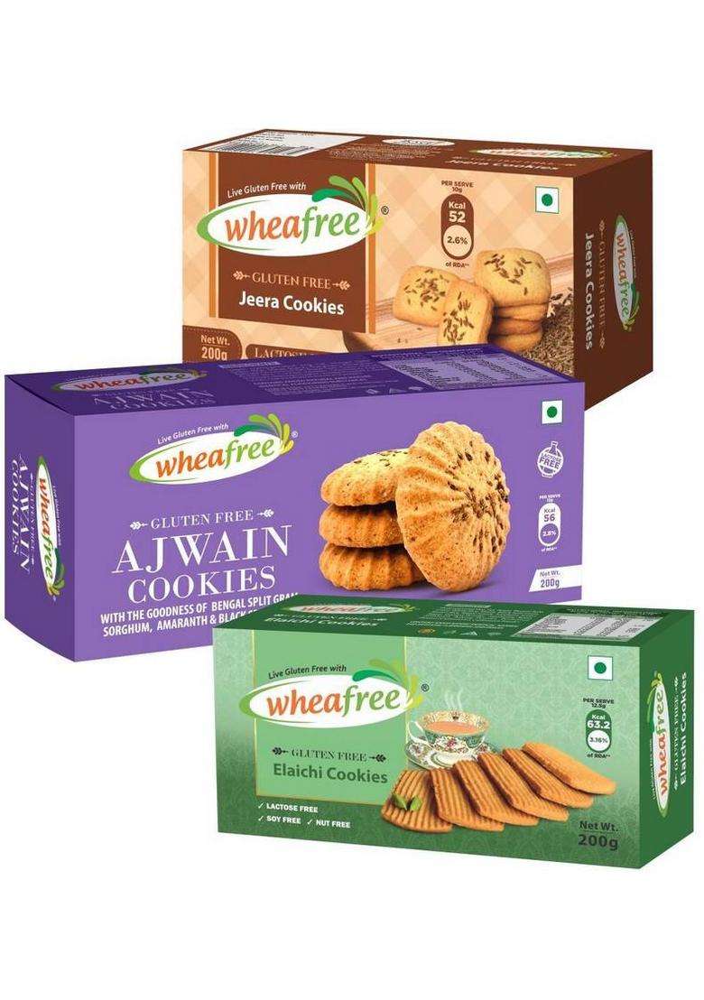 Wheafree Gluten Free Elaichi Cookies, Jeera Cookies & Ajwain Combo | Lactose Biscuit (3 X 200 G) - Indya
