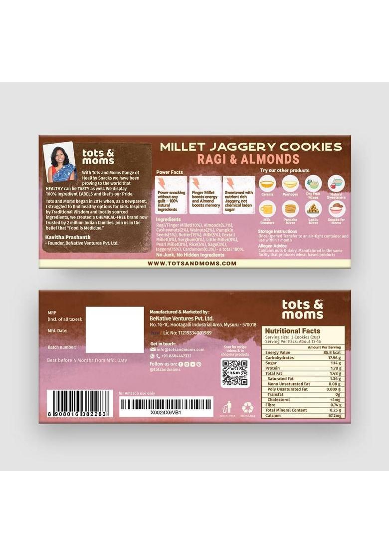 Tots And Moms Millet & Jaggery Biscuits | Ragi Almonds Choco Bajra Cookies Biscuit (2 X 150 G)